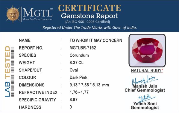 Ruby - 3.37 Carats (Manik - 3.67 Ratti)