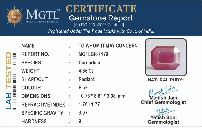 Ruby - 4.66 Carats (Manik - 5.08 Ratti)