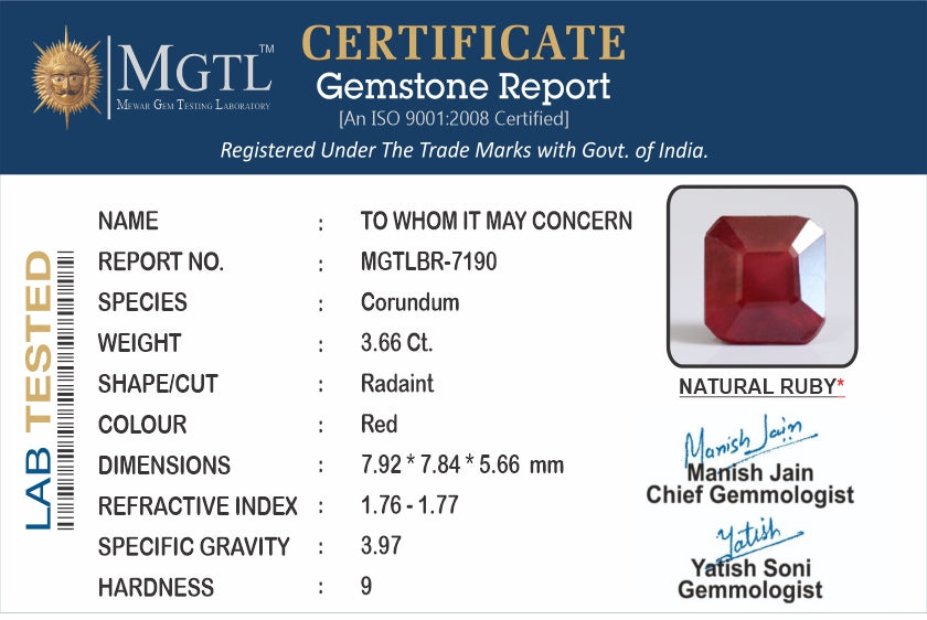 Ruby - 3.66 Carats (Manik - 3.99 Ratti)