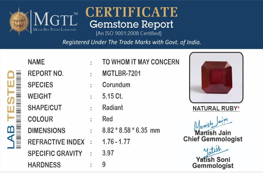Ruby - 5.15 Carats (Manik - 5.61 Ratti)
