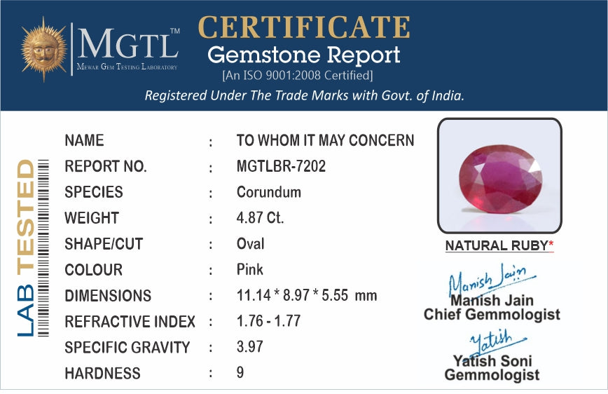 Ruby - 4.87 Carats (Manik - 5.31 Ratti)