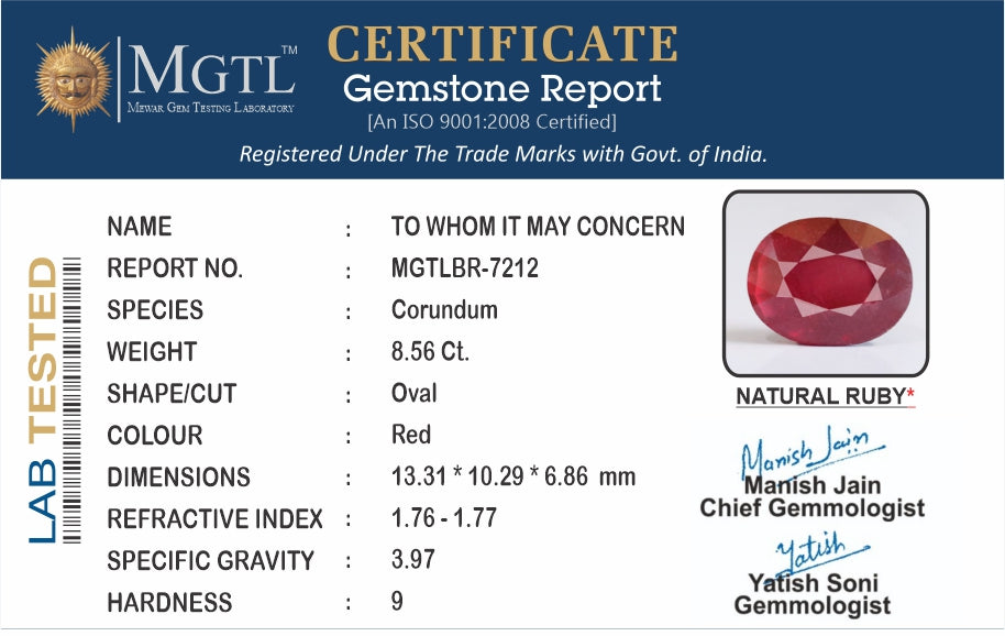 Ruby - 8.56 Carats (Manik - 9.33 Ratti)