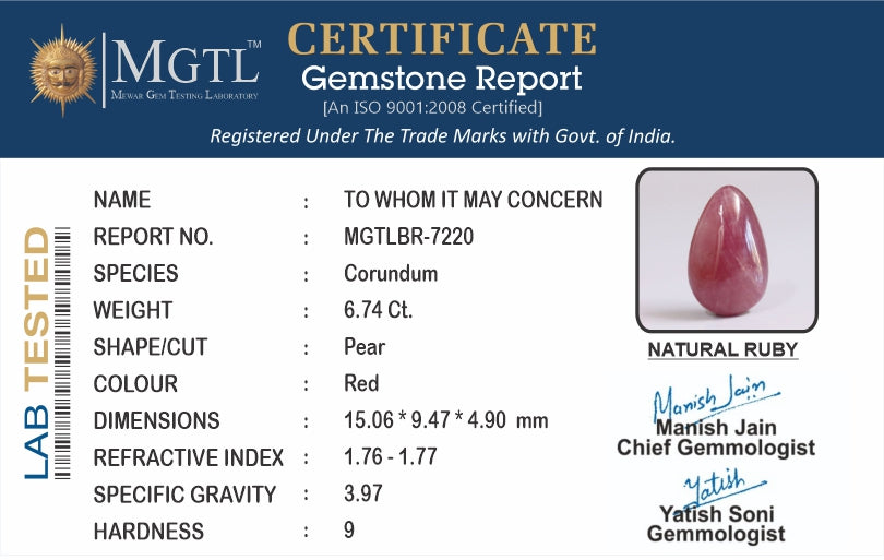 Ruby - 6.74 Carats (Manik - 7.35 Ratti)