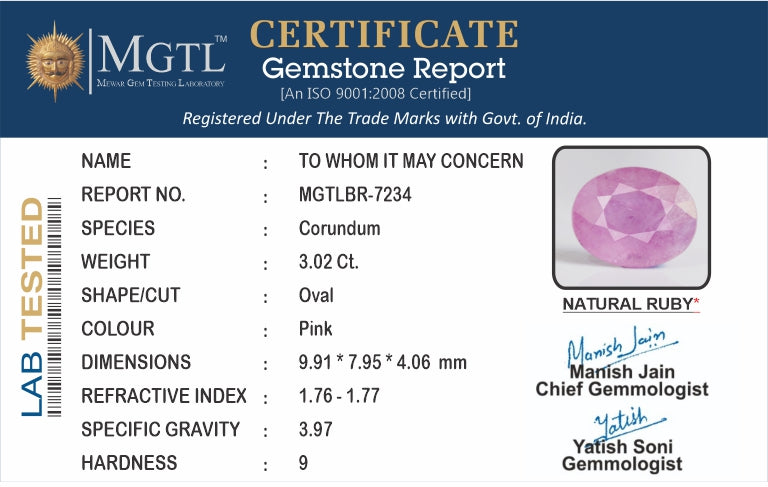 Ruby - 3.02 Carats (Manik - 3.29 Ratti)