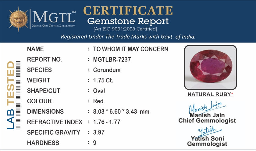 Ruby - 1.75 Carats (Manik - 1.91 Ratti)