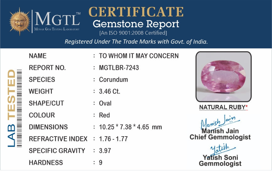 Ruby (Manik) - 3.46 Carats