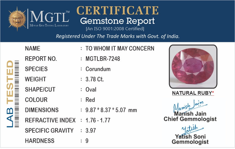 Ruby - 3.78 Carats (Manik - 4.12 Ratti)