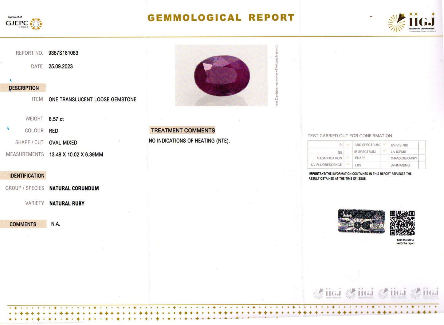 Ruby - 8.57 Carats (Manik - 9.34 Ratti)