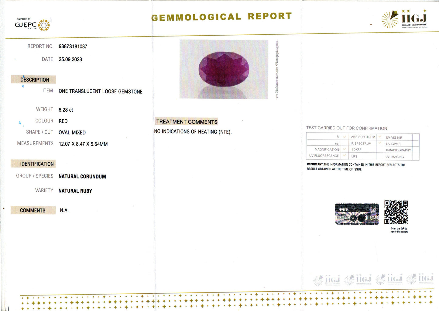 Ruby - 6.28 Carats (Manik - 6.85 Ratti)