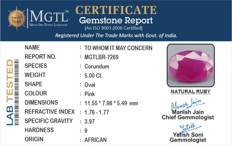 Ruby - 5.00 Carats (Manik - 5.45 Ratti)