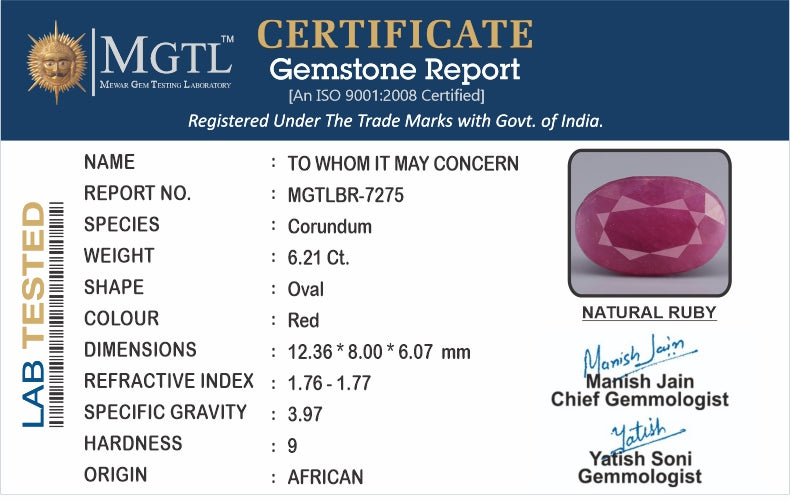 Ruby - 6.21 Carats (Manik - 6.77 Ratti)