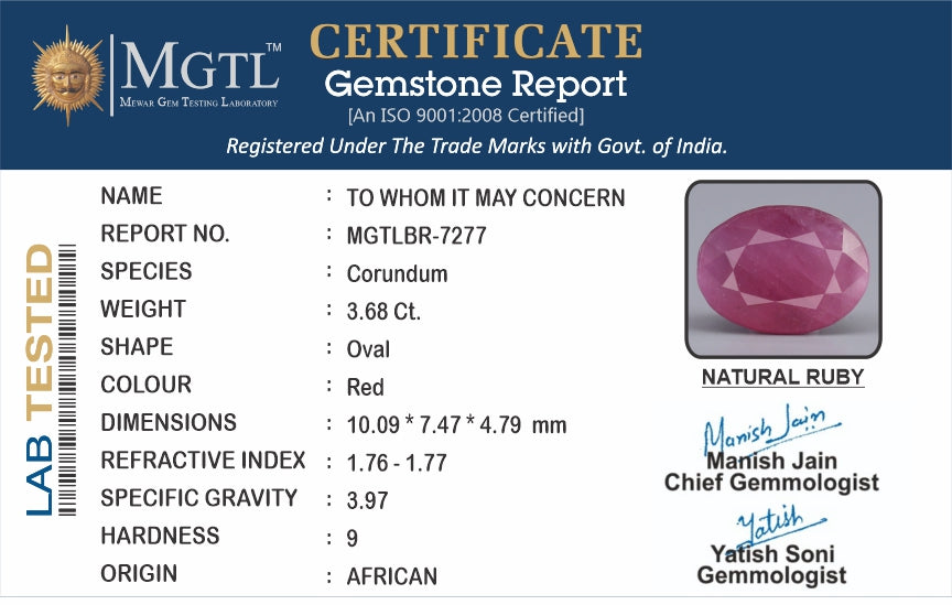 Ruby (Manik) - 3.68 Carats