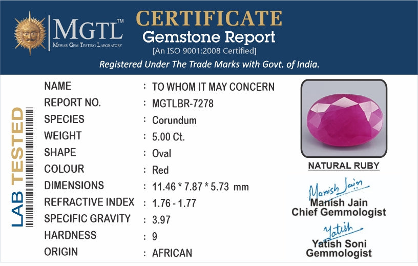 Ruby - 5.00 Carats (Manik - 5.45 Ratti)