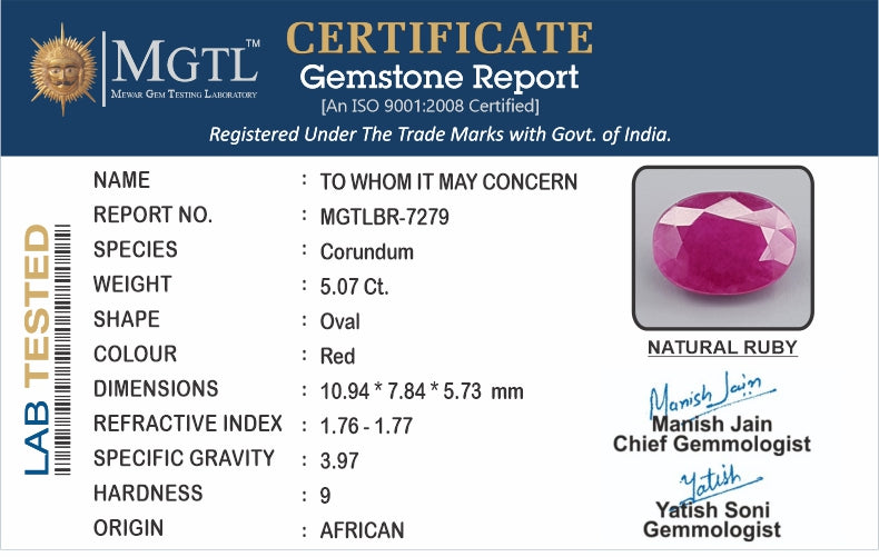Ruby - 5.07 Carats (Manik - 5.53 Ratti)