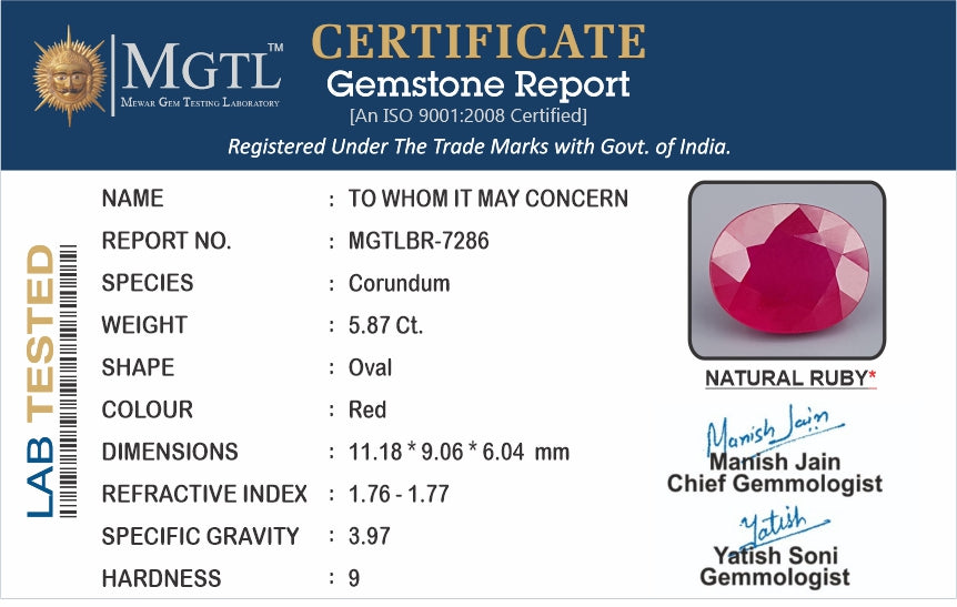 Ruby - 5.87 Carats (Manik - 6.40 Ratti)