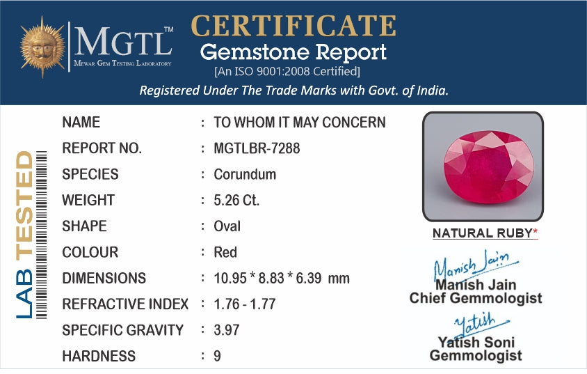 Ruby - 5.26 Carats (Manik - 5.73 Ratti)