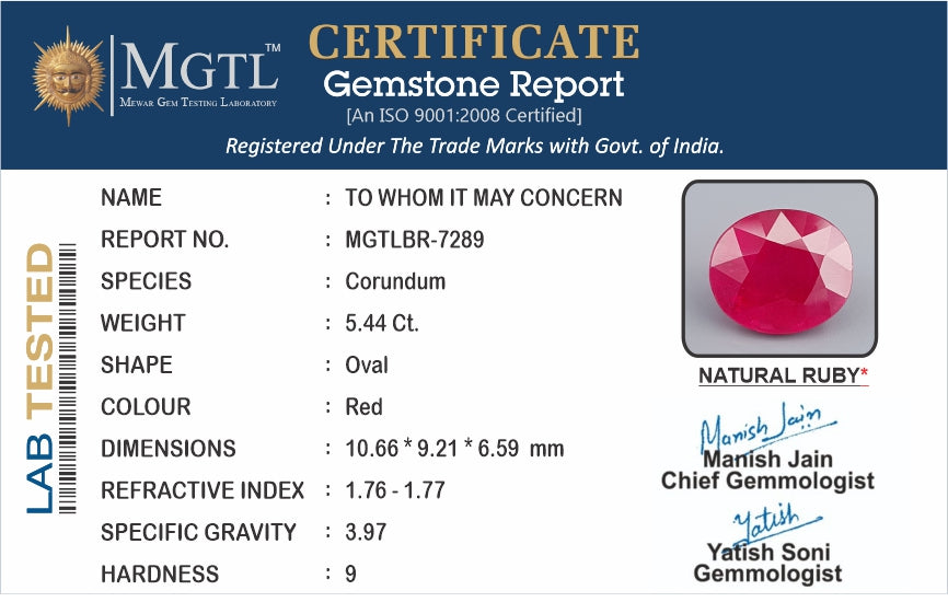 Ruby - 5.44 Carats (Manik - 5.93 Ratti)