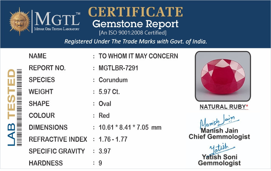 Ruby - 5.97 Carats (Manik - 6.51 Ratti)