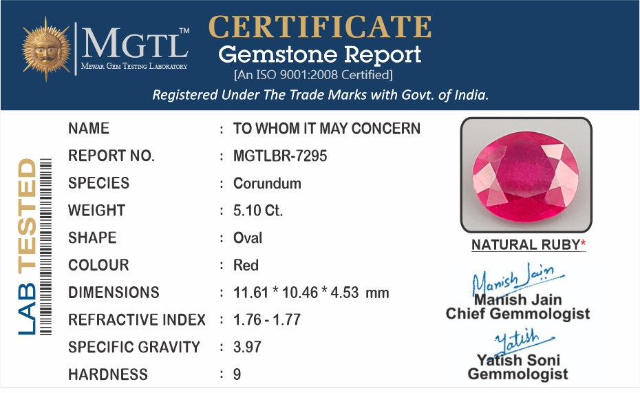Ruby - 5.10 Carats (Manik - 5.56 Ratti)