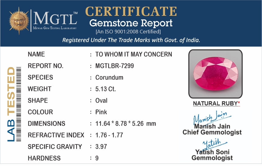 Ruby - 5.13 Carats (Manik - 5.59 Ratti)