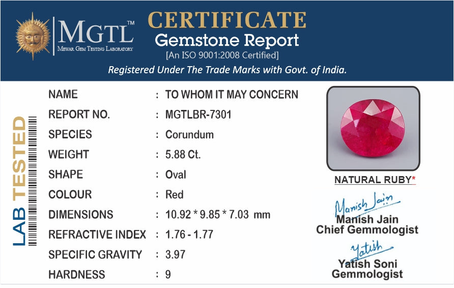 Ruby - 5.88 Carats (Manik - 6.41 Ratti)