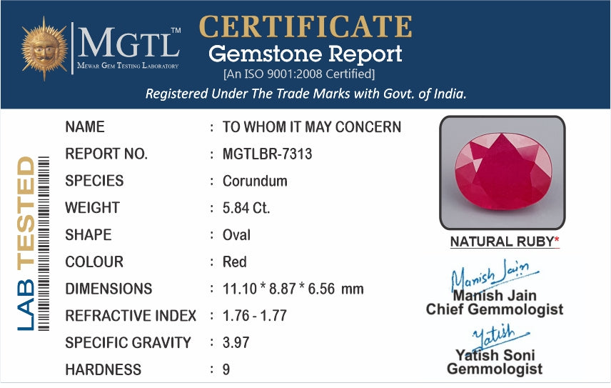 Ruby - 5.84 Carats (Manik - 6.37 Ratti)
