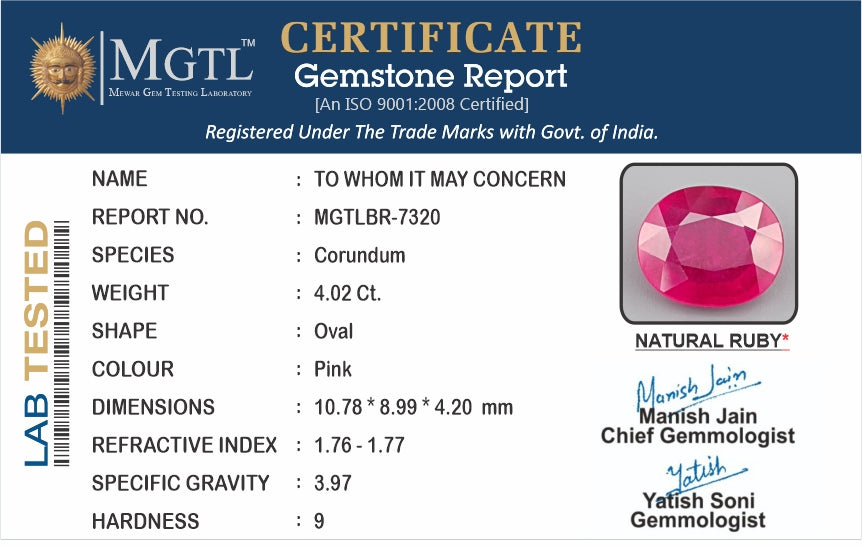 Ruby - 4.02 Carats (Manik - 4.38 Ratti)