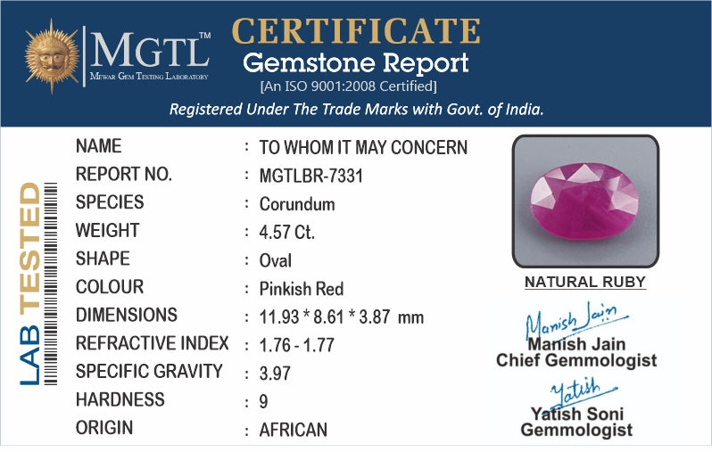 Ruby - 4.57 Carats (Manik - 4.98 Ratti)
