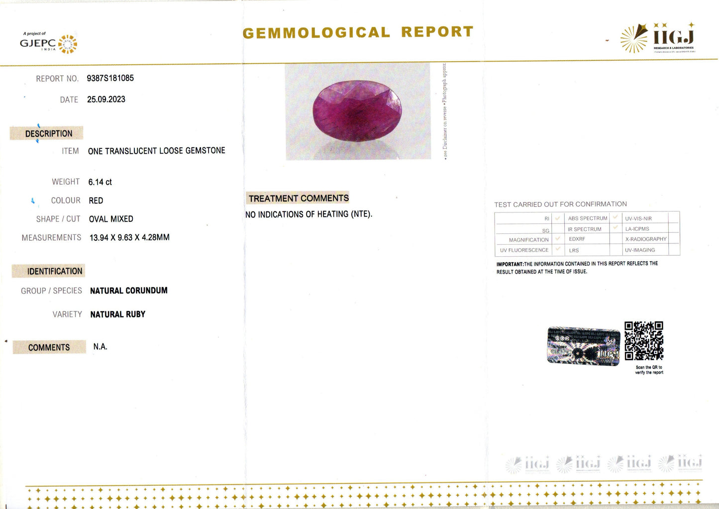 Ruby - 6.14 Carats (Manik - 6.69 Ratti)