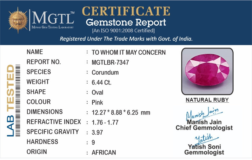 Ruby - 6.44 Carats (Manik - 7.02 Ratti)