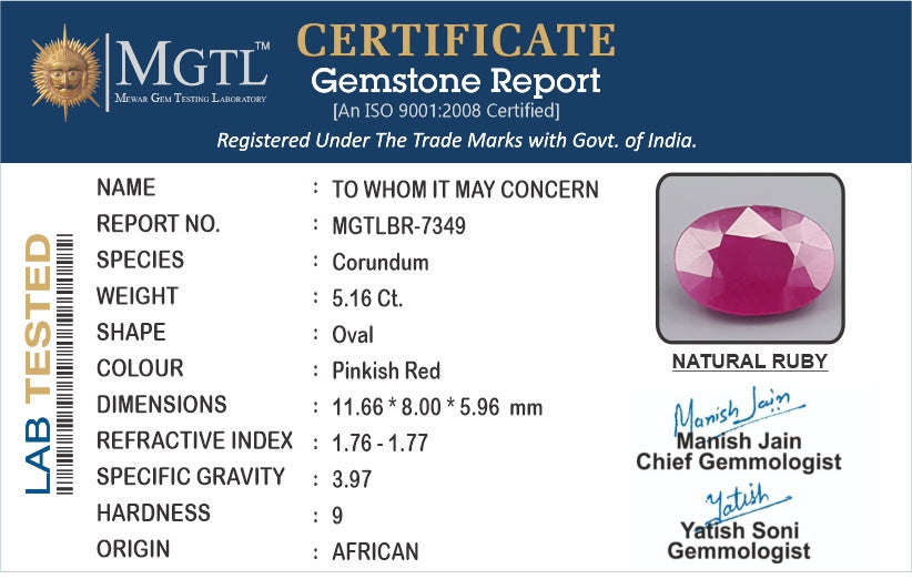 Ruby - 5.16 Carats (Manik - 5.62 Ratti)