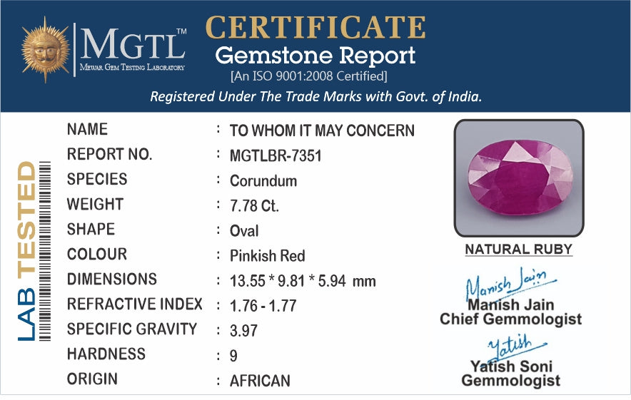 Ruby - 7.78 Carats (Manik - 8.48 Ratti)