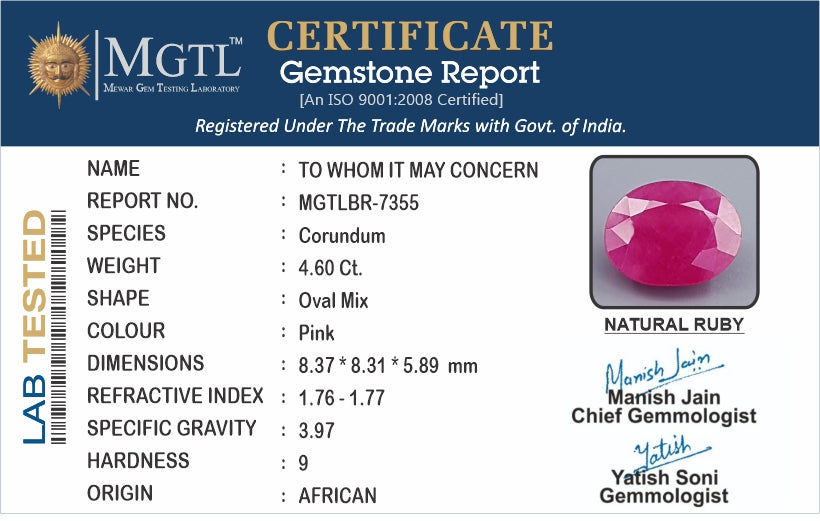Ruby - 4.60 Carats (Manik - 5.01 Ratti)