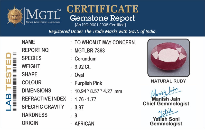 Ruby - 3.92 Carats (Manik - 4.27 Ratti)