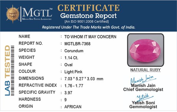 Ruby - 1.14 Carats (Manik - 1.24 Ratti)