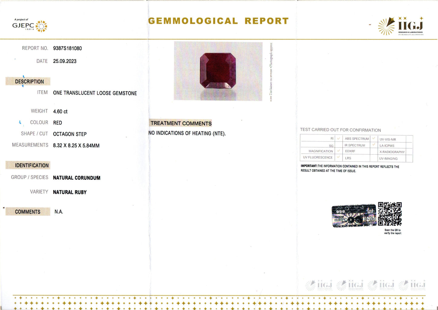 Ruby - 4.60 Carats (Manik - 5.01 Ratti)