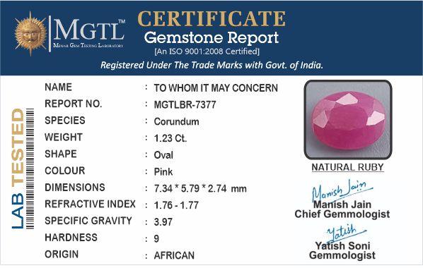 Ruby - 1.23 Carats (Manik - 1.34 Ratti)