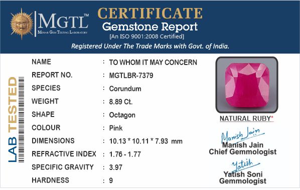 Ruby - 8.89 Carats (Manik - 9.69 Ratti)
