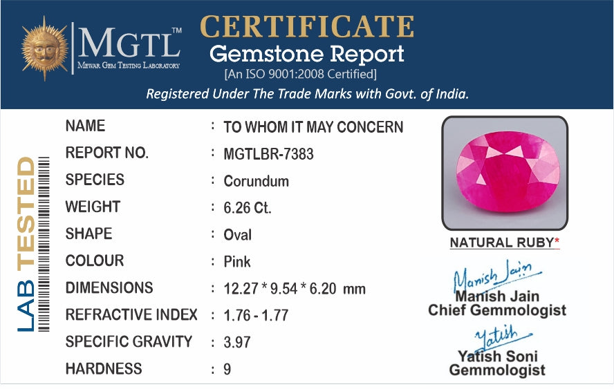 Ruby - 6.26 Carats (Manik - 6.82 Ratti)