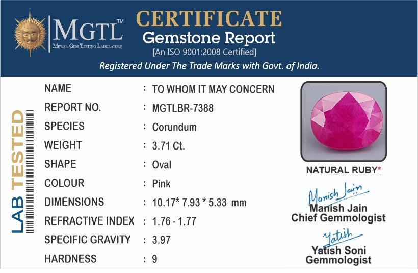 Ruby - 3.71 Carats (Manik - 4.04 Ratti)