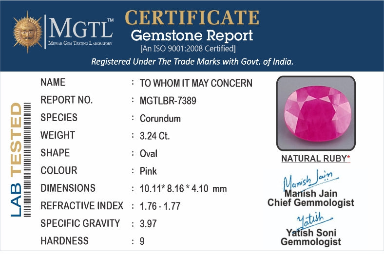 Ruby - 3.24 Carats (Manik - 3.53 Ratti)