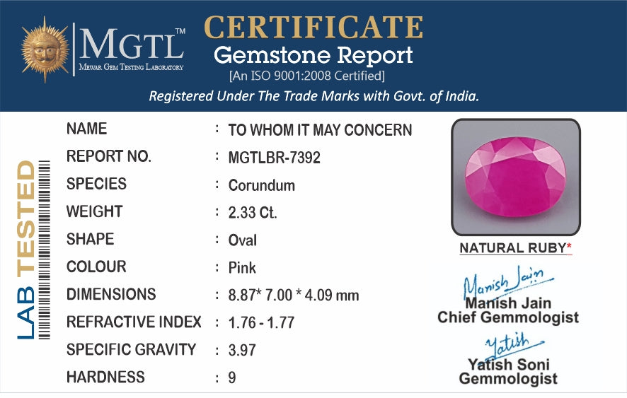 Ruby - 2.33 Carats (Manik - 2.54 Ratti)