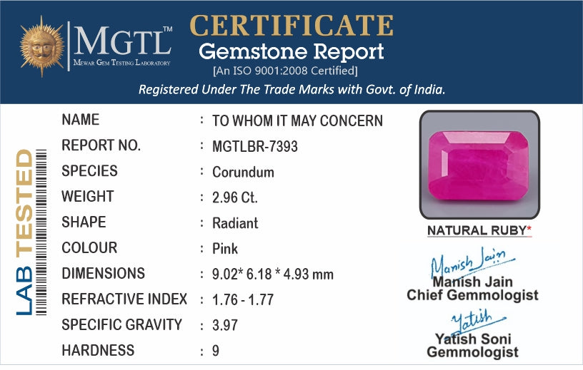 Ruby - 2.96 Carats (Manik - 3.23 Ratti)