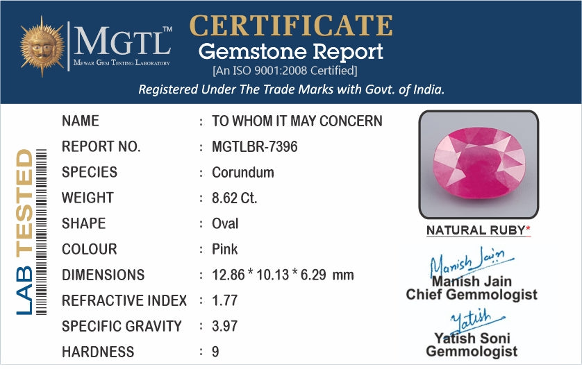 Ruby - 8.62 Carats (Manik - 9.40 Ratti)