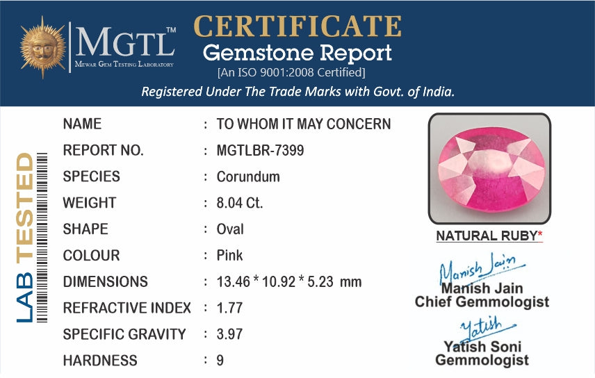 Ruby - 8.04 Carats (Manik - 8.76 Ratti)