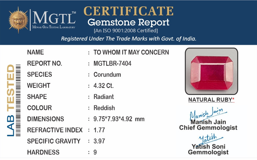 Ruby - 4.32 Carats (Manik - 4.71 Ratti)