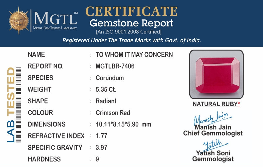 Ruby - 5.35 Carats (Manik - 5.83 Ratti)