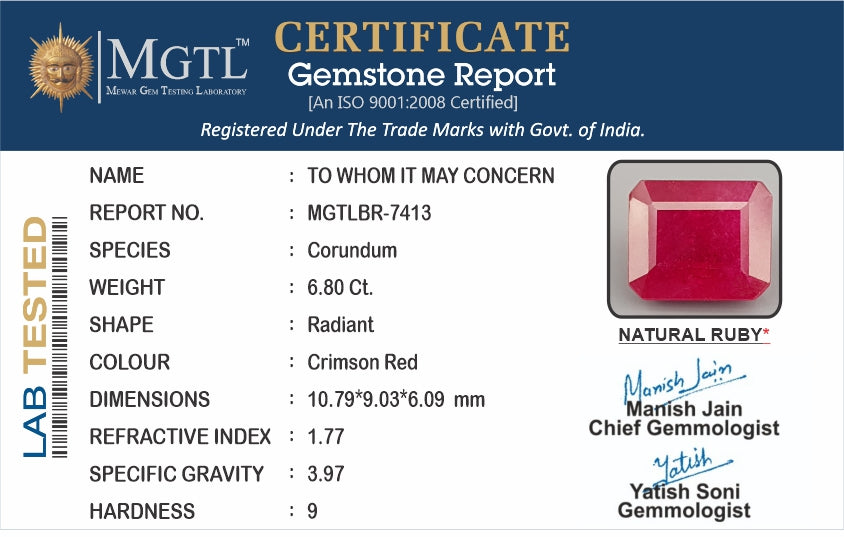 Ruby - 6.80 Carats (Manik - 7.41 Ratti)