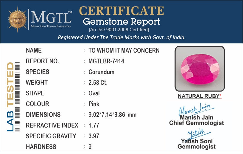 Ruby - 2.58 Carats (Manik - 2.81 Ratti)