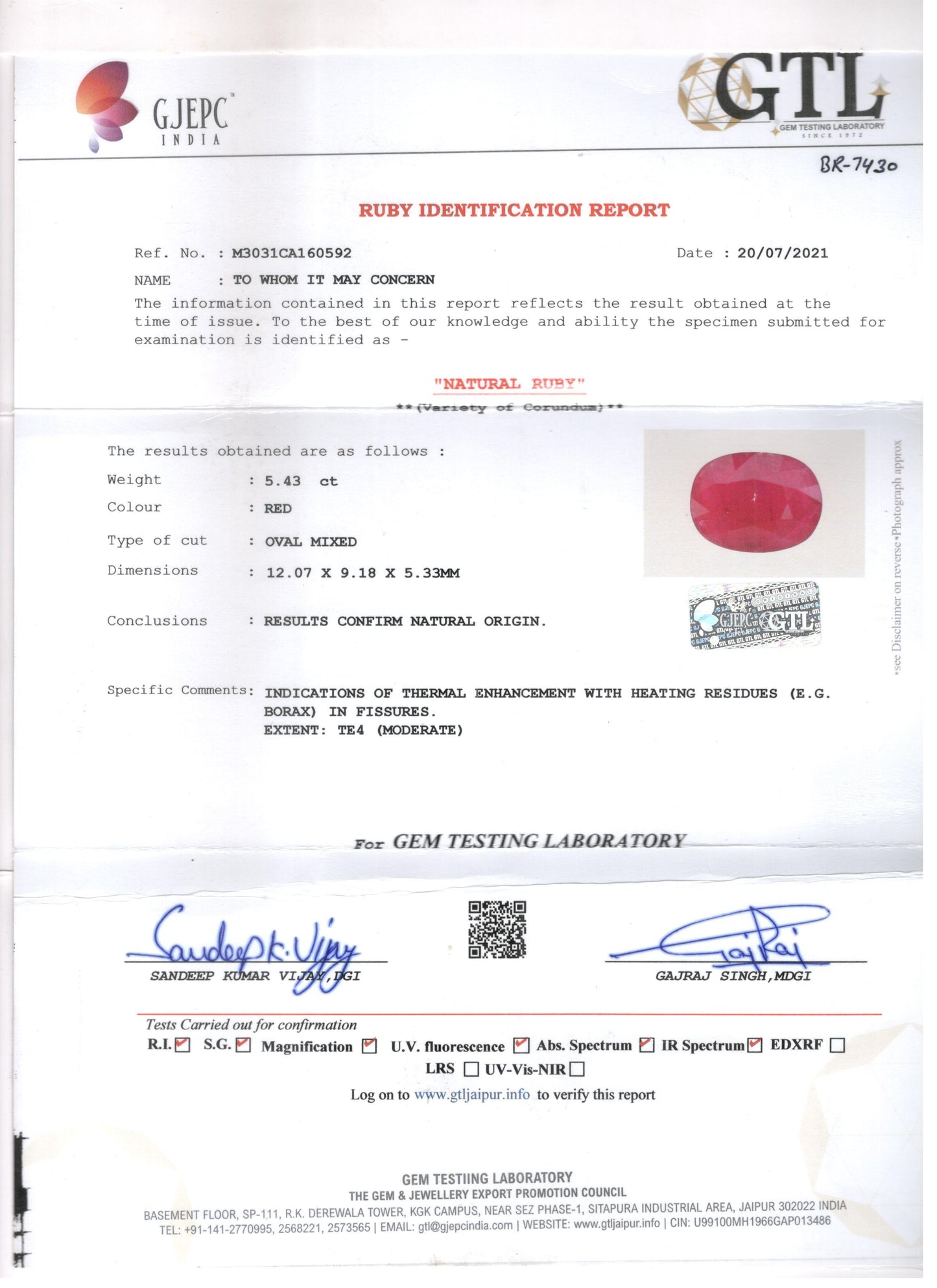 Ruby (Manik) - 5.43 Carats